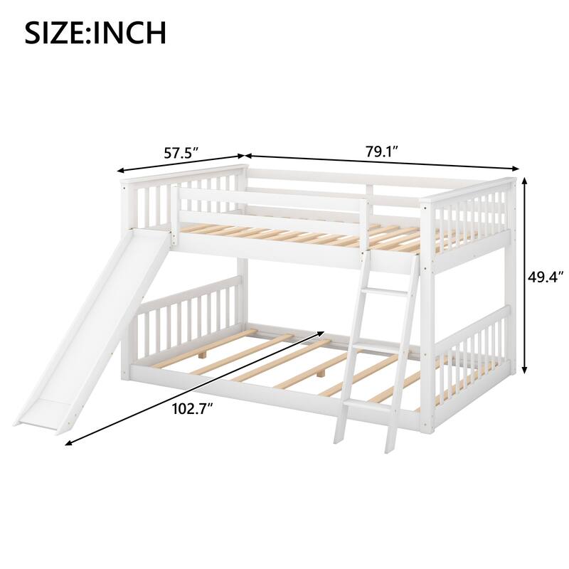 Full Over Full Bunk Bed Floor Bed with Convertible Slide and Ladder, Solid Pine Wood Frame, Built-in Guardrails for Kids Bedroom