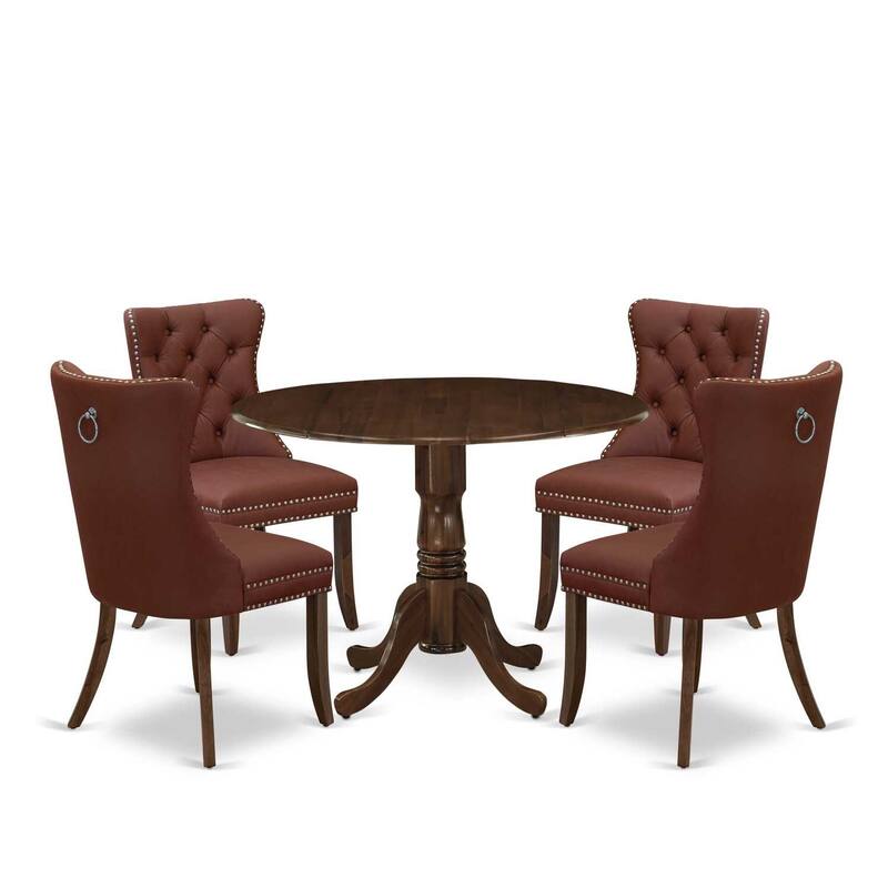 5 Piece Kitchen Dinette Set - Round Table with Dropleaf & 4 Chairs - Modern Walnut Finish