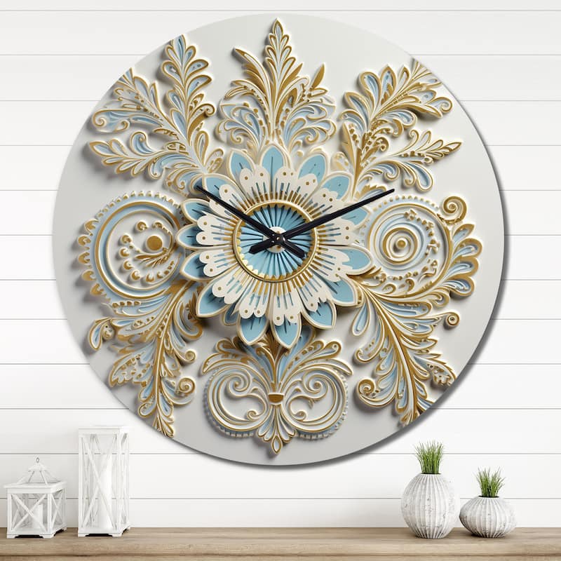 Designart "White Blue Stylish Boho Floral Arrangements" Abstract Botanicals Oversized Wall Clock - 36 In. Wide x 36 In. High