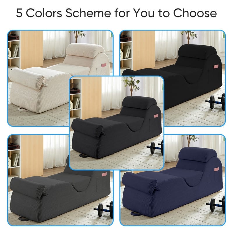 Mixoy Corduroy Yoga Chaise Lounge Chair,Curved Yoga Sofa with Movable Headrest/Waist Cushion/Footrest,Non-Slip Bottom