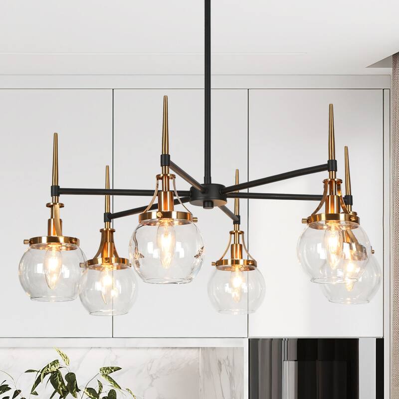 Beta Modern 6-Light Black Gold Glass Wheel Chandelier for Dining Living Room - 27.6'' Dia. x 12.6'' H