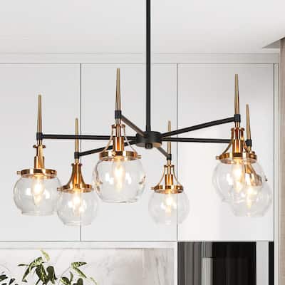 Beta Modern 6-Light Glass Chandelier Wheel Black Gold Lights for Dining Room - 27.6"L x 4.9"W x 12.6"H
