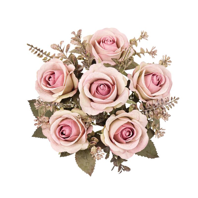 Set of 2 Dusty Pink Artificial Rose Flower Stem Bush Bouquet 15in - 15" L x 8" W x 8" DP