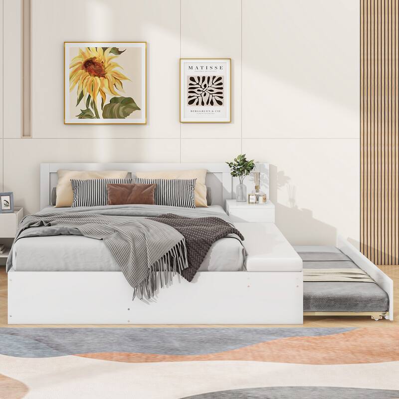 Full Size Wood Storage Hydraulic Platform Bed with Twin Size Trundle, Side Table and Lounge