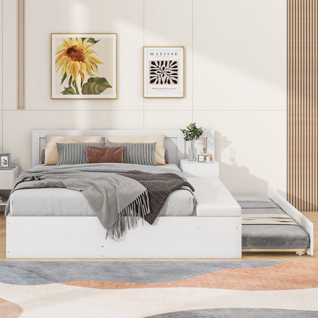 Modern Full Size Platform Bed with Storage Hydraulic, Pull-out Twin Size Trundle Bed & Side Table & Drawer, Slats Support Frame