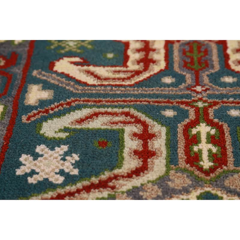 Hand Knotted Oriental 100% Wool Carpet Traditional Geometric Navy Blue & Blues Kazak Runner Rug - 9' 8'' X 2' 6''