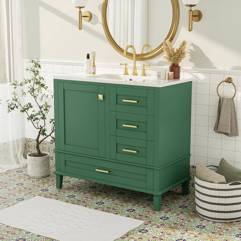 36" Bathroom Vanity with Solid Pine Frame, 1 Soft Close Door and 3 Drawers, Modern Storage Cabinet