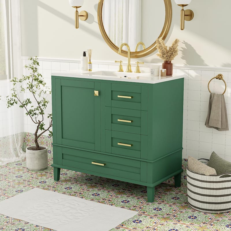 GDFStudio - Aurea Wood & Ceramic 36" Bathroom Vanity with Sink, Soft-Close Door & 3 Drawers
