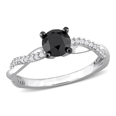 Miadora 1 1/6ct TDW Black & White Diamond Crossover Engagement Ring in 14k White Gold