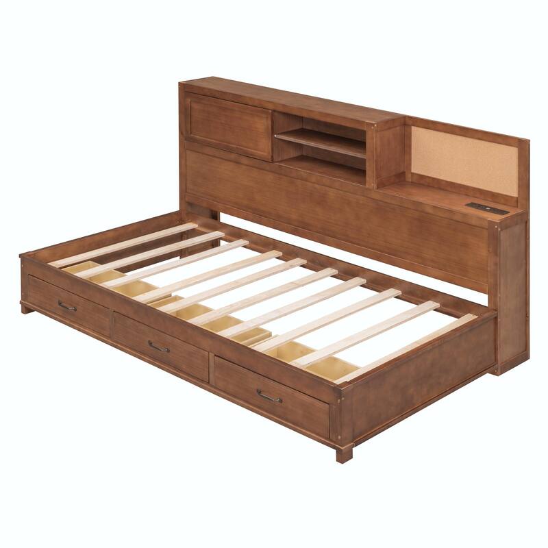 Wooden Daybed with Storage Drawers, Soft Board, Shelf, Sockets, USB Ports