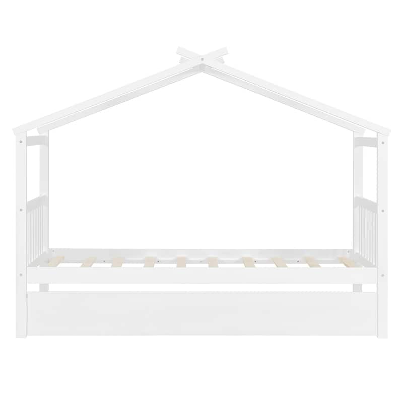 Kids Roof Platform Bed with Trundle, Twin Size House Bed Wooden Daybed Frame with Headboard and Bedtailboard for Boys, Girls