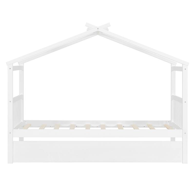 Solid Wood House Platform Bed Frame with Trundle Bed and Roof