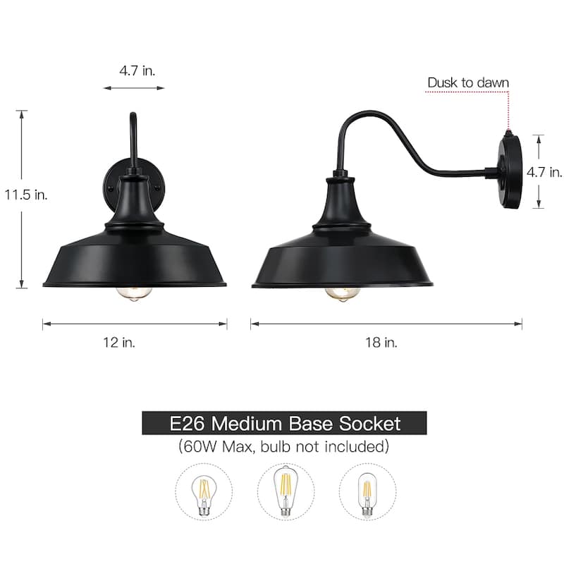 1-Light Black Dusk to Dawn Outdoor Wall Sconce Barn Light - 12"W