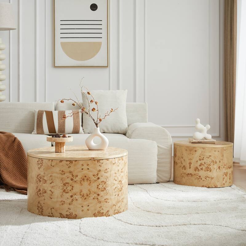 Nested Round Coffee Table Set with Burl Wood, 2-Piece Living Room Sofa Table Accent Table with Hidden Storage