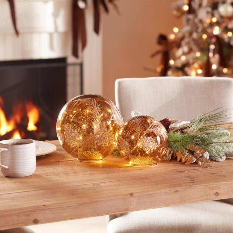Glass LED Pinecone Globe Set of 2 with Warm Light and Glitter Accents - 7.5” x 7.5” x 7.25” (L x W x H)