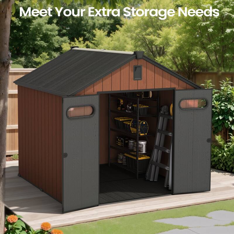 8X8 FT All-Weather Waterproof Outdoor Resin Storage Shed Windows Lockable Door with Floor for Patio Furniture and Tools