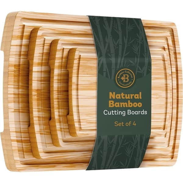 Wood Cutting Board - Bamboo Cutting Board Set, Wooden Cutting Boards for Kitchen with Deep Juice Groove, Side Handles - 4-Piece