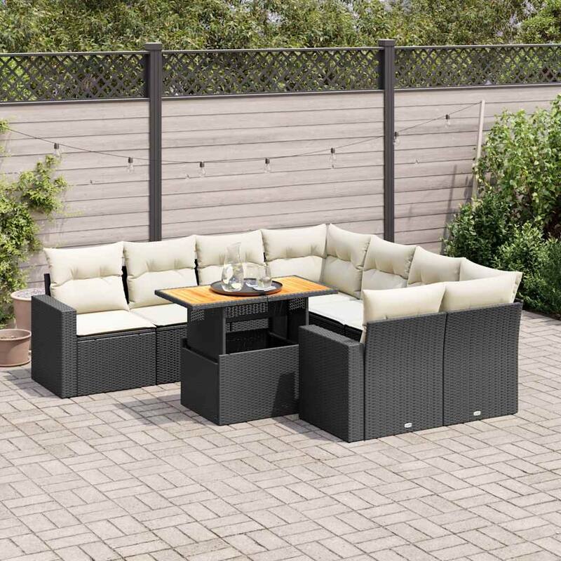 vidaXL Patio Sofa Set with Cushions Center and Corner Seats 9 Piece Poly Rattan - 21.7 x 39.4 x 28.7 - Black and cream with storage