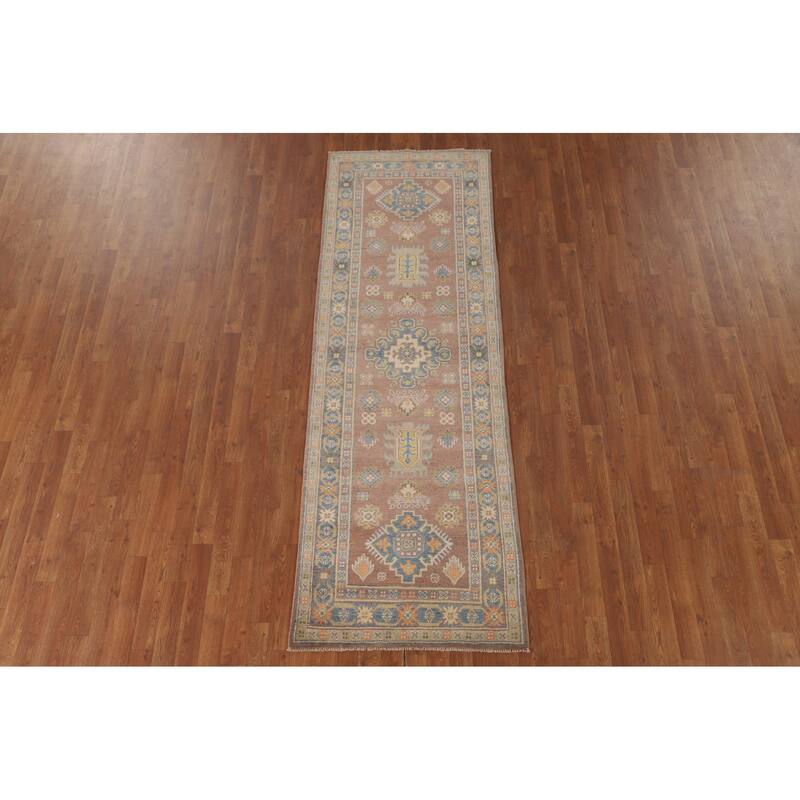 Geometric Brown Kazak Runner Rug Handmade Wool Carpet - 2'10" x 8'4"