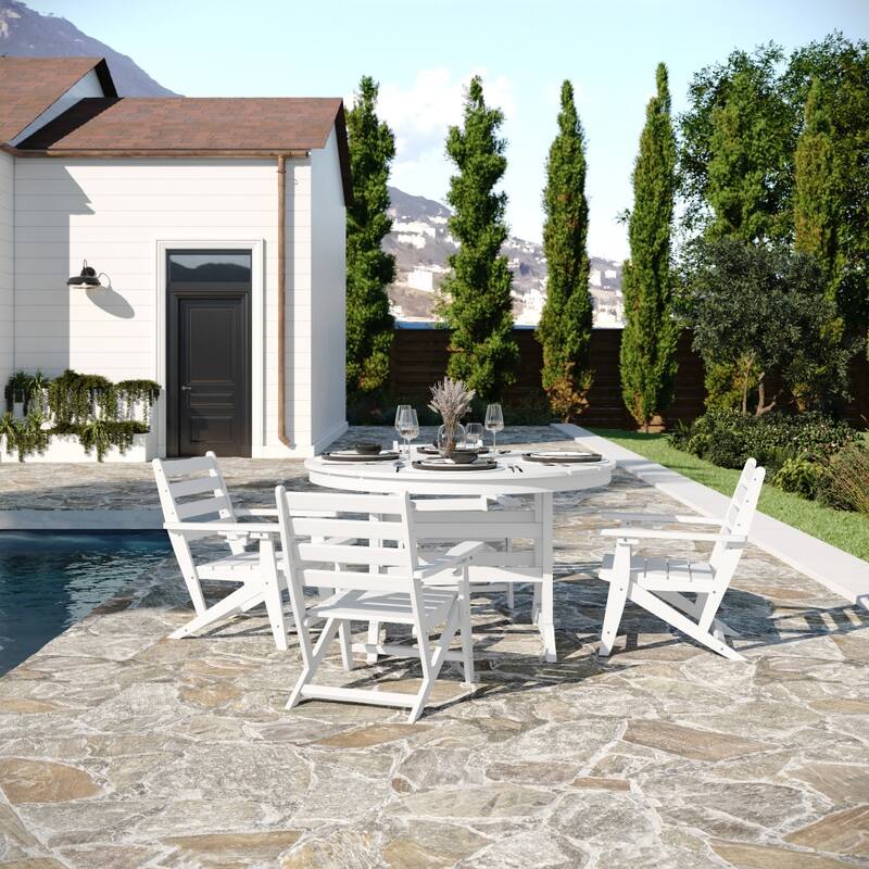 Commercial All Weather Adirondack Table and 4 Chairs with Cupholders - White