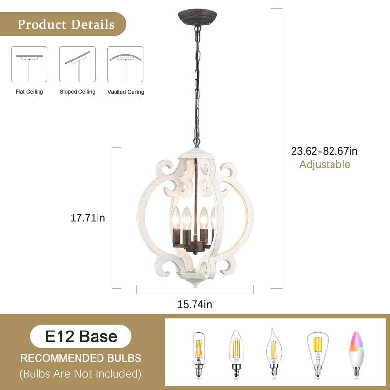 4-Light 15.74-inch Farmhouse Wooden Lantern Chandeliers for Entryway