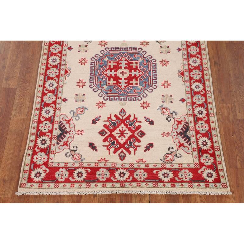 Geometric Beige Kazak Foyer Rug Hand-Knotted Wool Carpet - 3'5" x 5'0"
