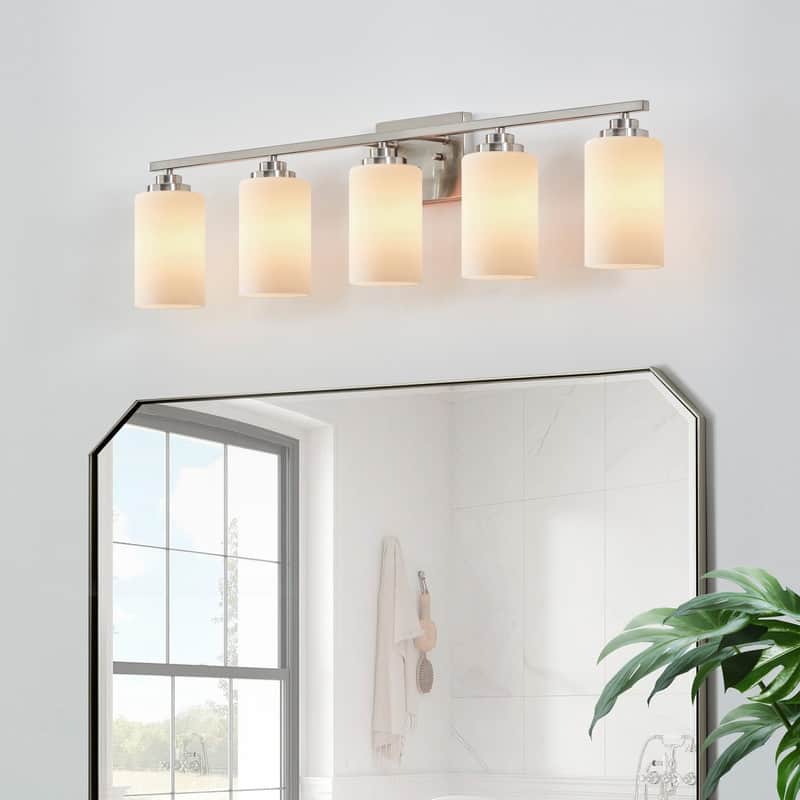 KAWOTI Rive 5-Light Modern Bathroom Vanity Light Frosted White Glass