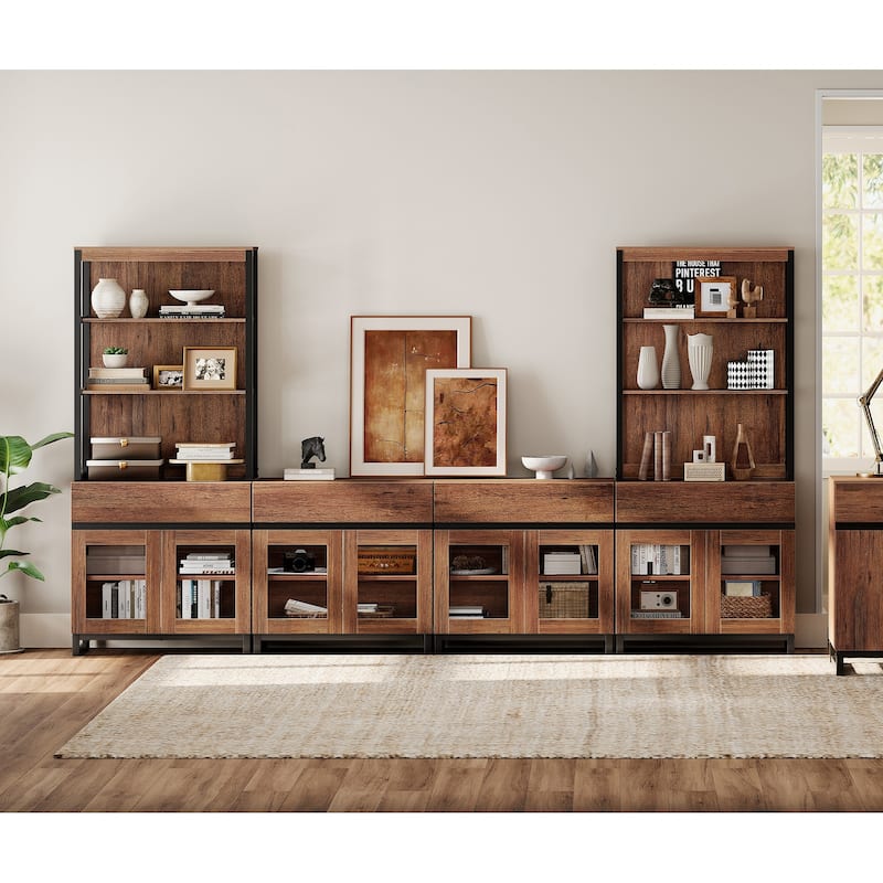 Modern 72" Tall Bookcase with 4 Drawers and Open Book Shelfs,Wood Freestanding Bookshelves for Living room, - Brown - 126 inches