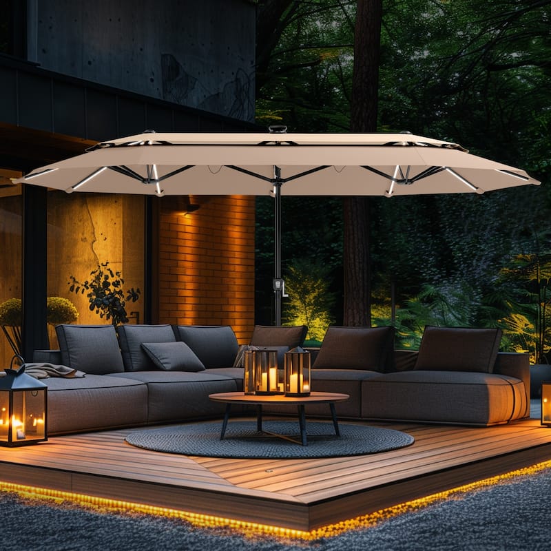 MAISON ARTS 13ft Double-Sided Outdoor Umbrella, 2-Tier Vented Market Umbrella with Colored Lights and Base - Beige Mix-Lights