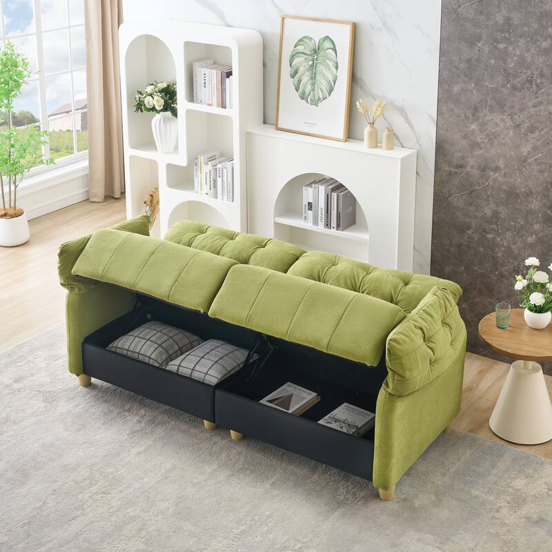 Green Flannelette Double-Seat Sofa for Living Room with High-Density Sponge and Solid Wood Frame