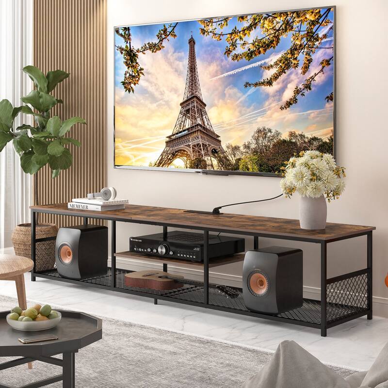 VECELO 55 Inch Brown TV Stand TV Media Console Table Entertainment Center with Power Outlets and Open Storage Shelves