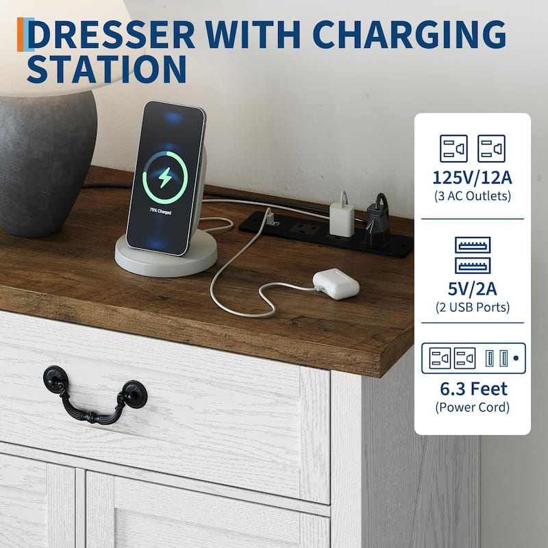 Farmhouse 9-Drawer Dresser with Charging Station, 54" Wide Wood Chest of Drawers with Metal Handles