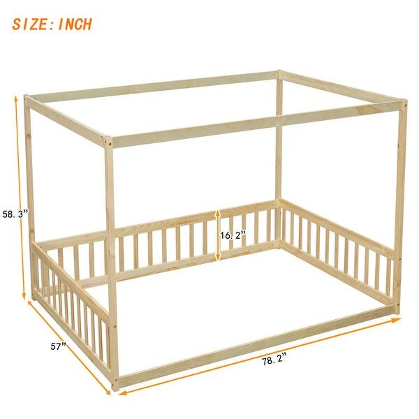 dimension image slide 0 of 3, Full Size Wood Canopy Bed with Guardrails,Floor Bed For Kids