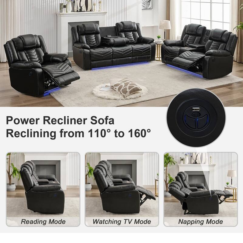 Power Recliner Sofa Set 6-Seater with Zero Gravity,Bass Speaker,Wireless Charger,USB/Type-C Ports,LED Lights,Cup Holders,Gray