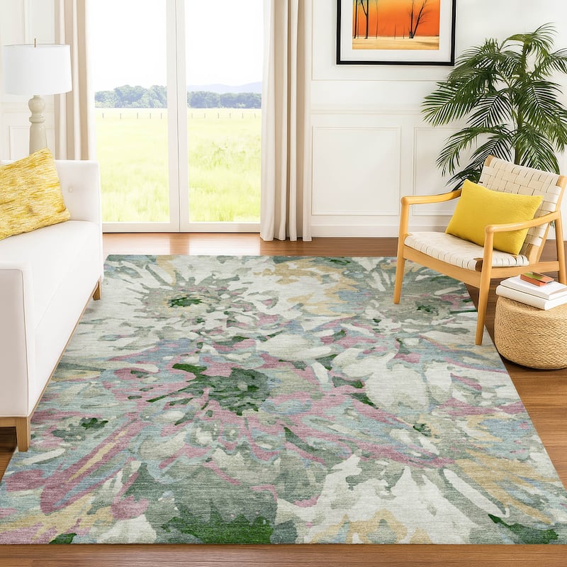 Machine Washable Indoor/ Outdoor Abstract Floral Chantille Rug