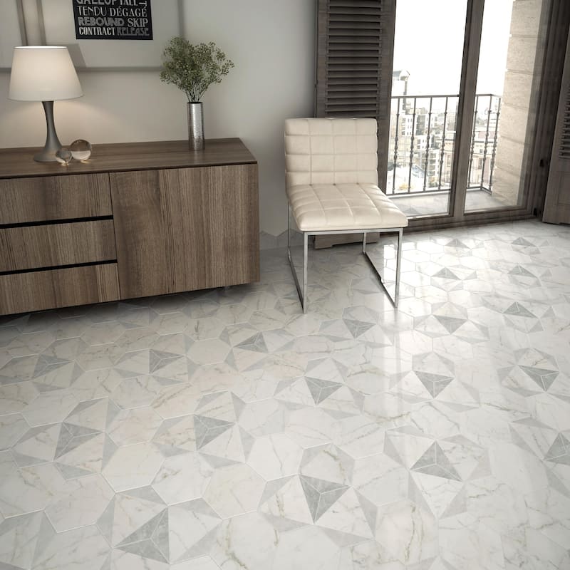 Merola Tile Classico Carrara Hexagon Peak 7" x 8" Porcelain Floor and Wall Tile