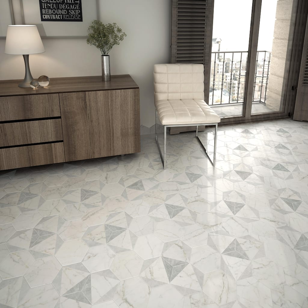 Merola Tile Classico Carrara Hexagon Peak 7" x 8" Porcelain Floor and Wall Tile
