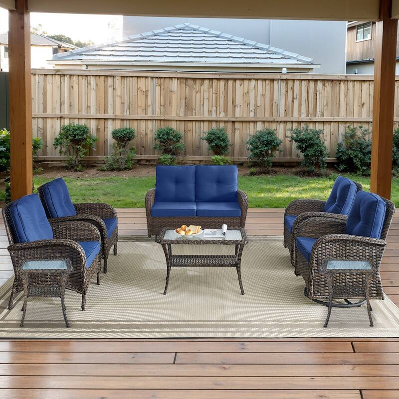 Gymojoy Outdoor Wicker Patio Furniture Loveseat Glider & Chair Set - Loveseat Set - Swivel Chairs & Club Chairs - Brown Wicker / Blue Cusion