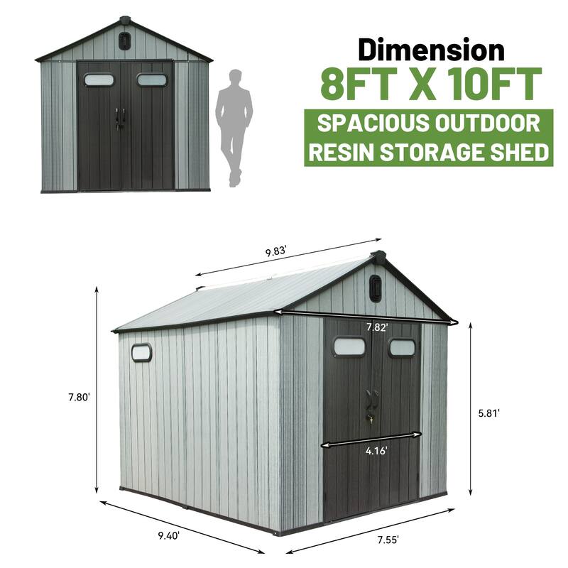 8X10FT Outdoor Resin Storage Shed, Waterproof Plastic Garden Shed with Lockable Door, Windows & Vents
