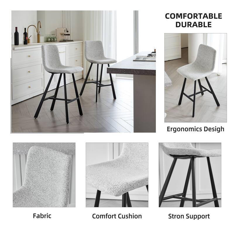 Rossetta 2-Piece Contemporary Light Gray Fabric Bar Stool Set with Reinforced Integrated Footrest and Metal Frame