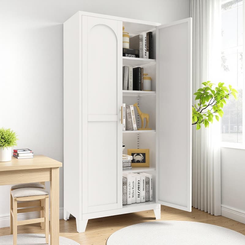 Anmytek White Metal Storage Cabinet with 2 Doors and Adjustable Shelves for Bedroom, Living Room
