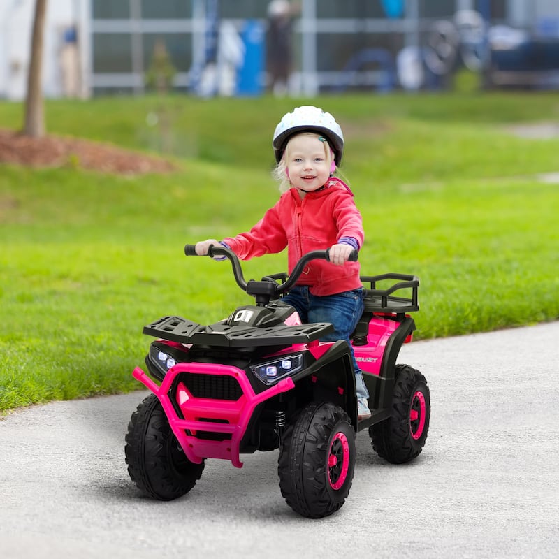 Qaba 12V Kids ATV, 4 Wheeler Quad, 3.7Mph Battery Powered Ride on Car with 4 Suspension Wheels, Storage Basket, LED Lights