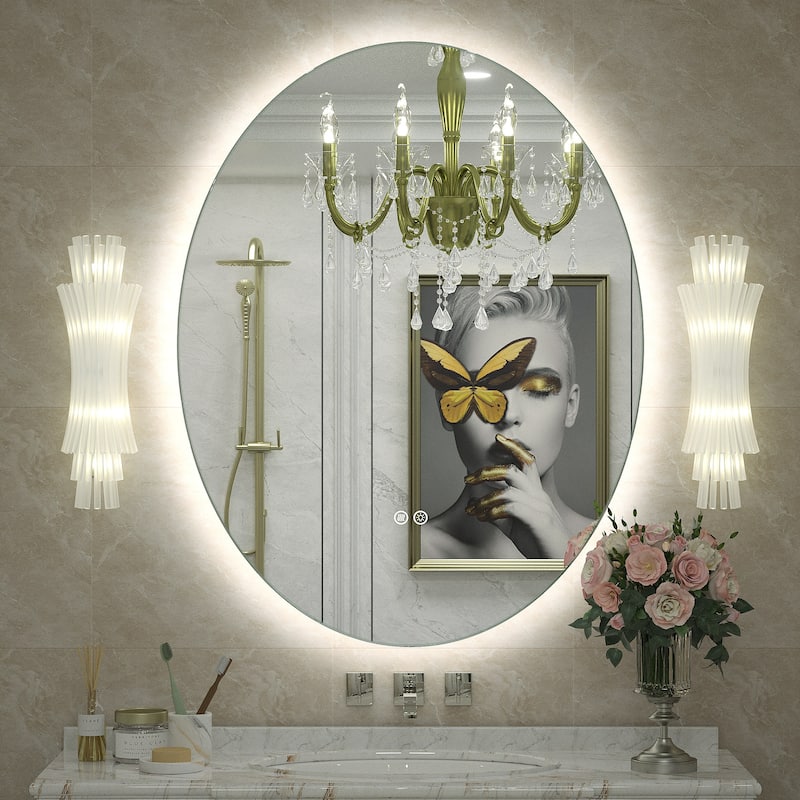 UL Certified Multiple shapes Frameless Anti-Fog 3 Colors Dimmable LED Backlit Wall Bathroom Vanity Mirror - 36" x 28" - Oval
