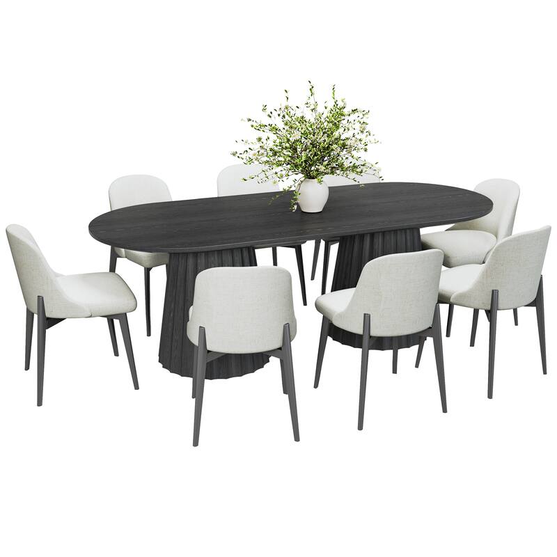 86" Modern Oval Dining Table Set with 8 Upholstered Chairs Textured Wood Top & Dual Pleated Pedestal Base