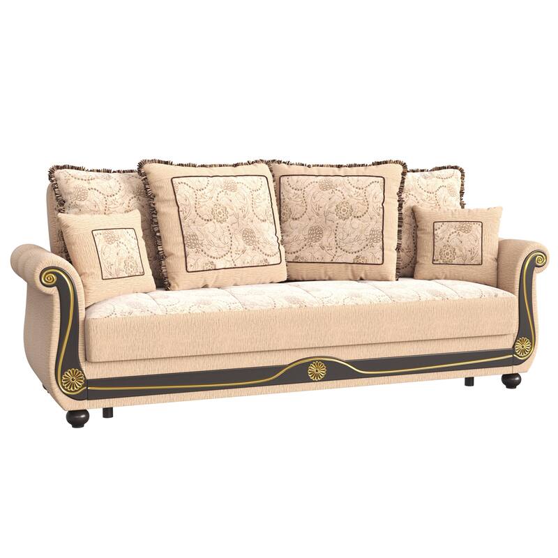 HomeRoots 95" Beige Chenille Convertible Futon Sleeper Sofa And Toss Pillows With Storage