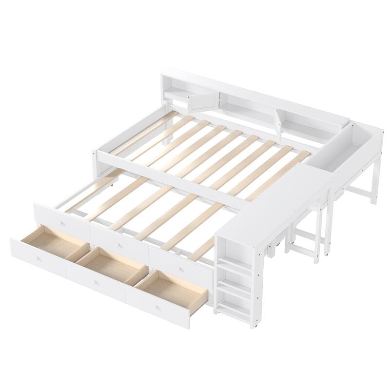 Full/Twin Daybed with Trundle & Storage Drawers - Wood Frame with Side Shelves and Desk