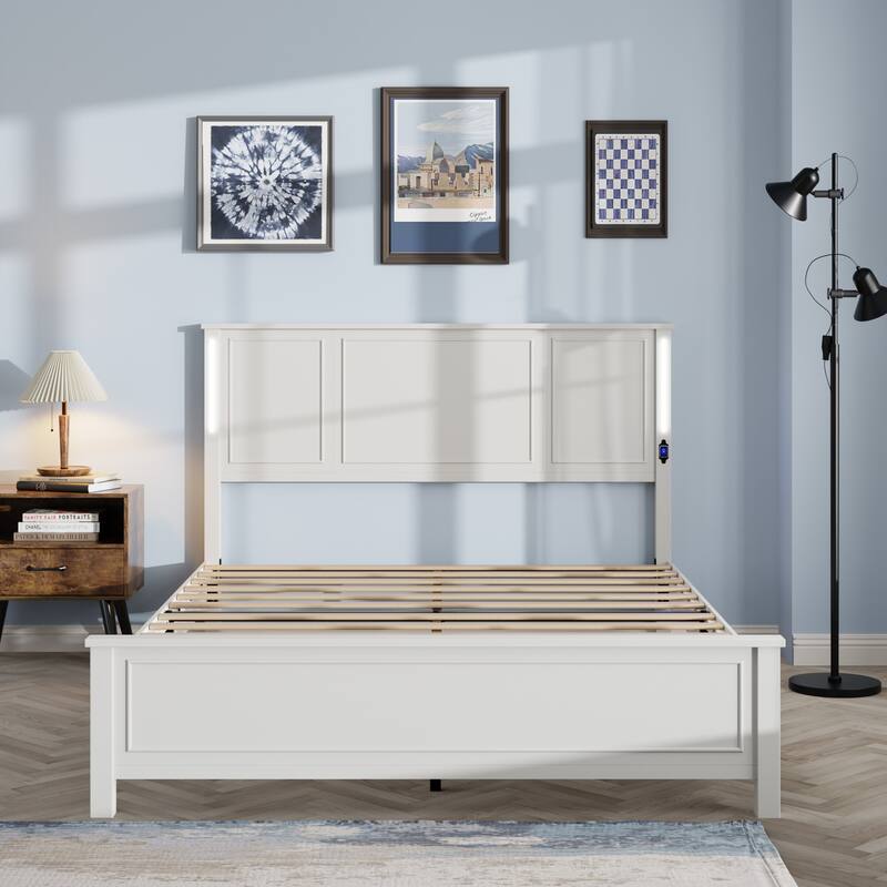 Queen Size LED Platform Bed with Wood Headboard and Charging Station