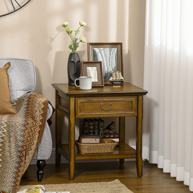 Retro Side Table, End Table with Storage Drawer and Open Shelf for Living Room, Bedroom - Dark Coffee - Wood