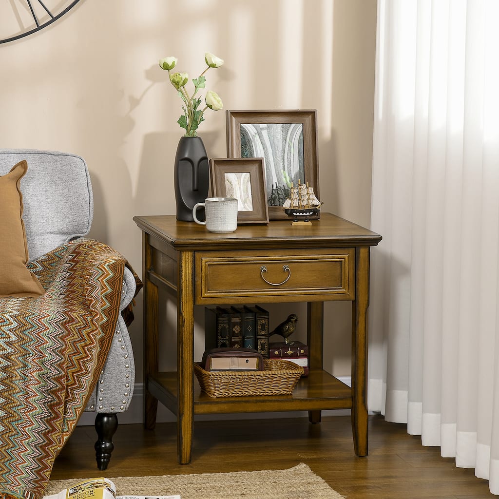 Retro Side Table, End Table with Storage Drawer and Open Shelf for Living Room, Bedroom