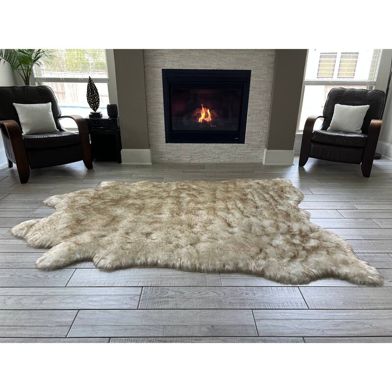 Silver Orchid Luxurious Faux Bison Skin Shag Rug - 5' x 6' Animal Shape - White and Brown
